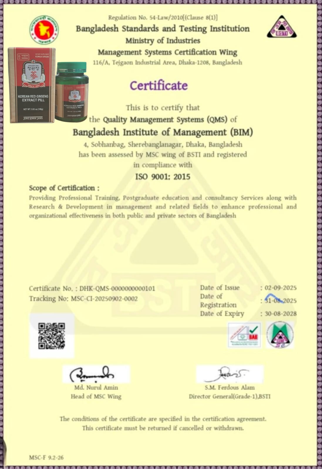 Red Gin Seng Certificate